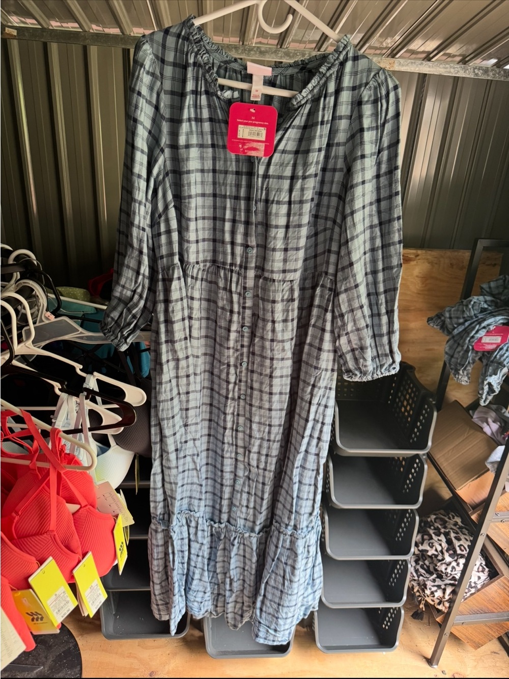 Light Blue Plaid Long Sleeve Maturity Dress - Unbranded